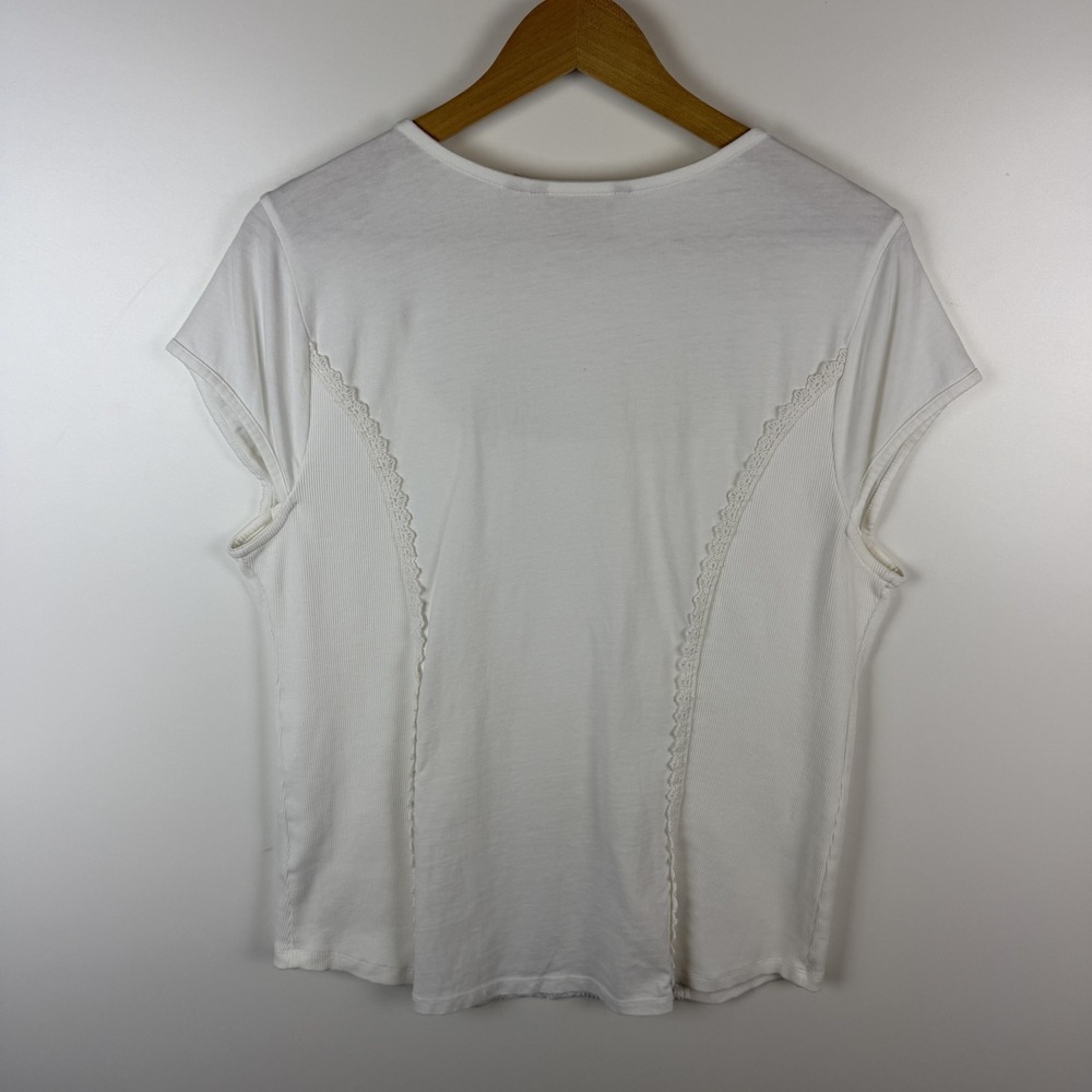 Soft Surroundings White Crochet Lace V-Neck Ribbed Knit Top Large Feminine Comfy - Picture 3 of 9